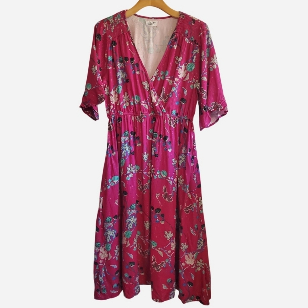 Anna Kay Ovida Floral Pink and metallic Midi Dress Size L Resort Boho Cocktail - Picture 2 of 11